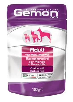 Показвай детайлите за Gemon Beef and Ham Adult - Пауч с говеждо месо и шунка, за възрастни кучета - опаковка 100 гр Снимка на Gemon Beef and Ham Adult - Пауч с говеждо месо и шунка, за възрастни кучета - опаковка 100 гр