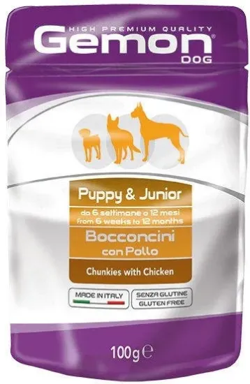 Снимка на Gemon Chicken Puppy & Junior - Пауч с пилешко месо, за малки кученца 1-12 месеца - опаковка, 8 броя х 100 гр.