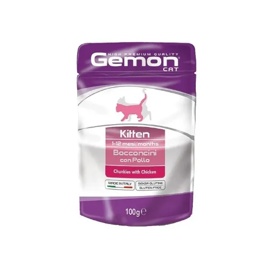 Снимка на Gemon Chicken Kitten - Пауч с пилешко месо, за малки котки 1-12 месеца - опаковка 8 броя х 100 гр.