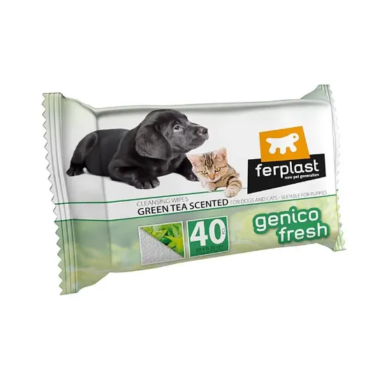 Снимка на Ferplast Genco Fresh Green Tea - Почистващи мокри кърпички за кучета и котки със зелен чай, 40 броя, 20/30 см.