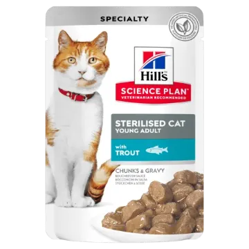 Показвай детайлите за Hill's Science Plan Sterilised Cat Young Adult с пъстърва – малки късчета в сос Грейви за млади кастрирани котки от 6 мес. до 6 год. 12 пауча х 0. 085 гр Снимка на Hill's Science Plan Sterilised Cat Young Adult с пъстърва – малки късчета в сос Грейви за млади кастрирани котки от 6 мес. до 6 год. 12 пауча х 0. 085 гр