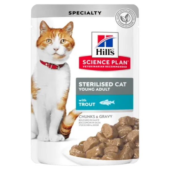 Снимка на Hill's Science Plan Sterilised Cat Young Adult с пъстърва – малки късчета в сос Грейви за млади кастрирани котки от 6 мес. до 6 год. 12 пауча х 0.085 гр