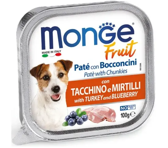 Снимка на Monge Gemon Fruit Paté and Chunkies with Turkey and Blueberry за израстнали кучета с вкус на пуешко и боровинки,