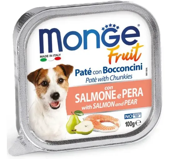 Снимка на MONGE Gemon FRUIT PATÉ & CHUNKIES SALMON & PEAR – ПАСТЕТ И ХАПКИ СЪС СЬОМГА И КРУШИ, 6 броя х 100 гр.