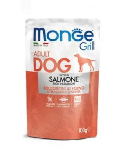 Снимка на MONGE Gemon GRILL CHUNKIES SALMON – ПАУЧ ХАПКИ НА ГРИЛ СЪС СЬОМГА, 7 броя х 100 гр.
