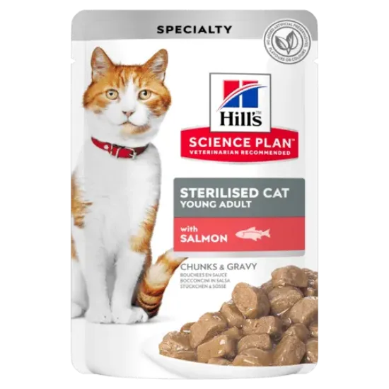 Снимка на HILL’S SCIENCE PLAN FELINE STERILISED CAT YOUNG ADULT ПАУЧ СЪС СЬОМГА – МАЛКИ КЪСЧЕТА В СОС ГРЕЙВИ ЗА МЛАДИ КАСТРИРАНИ КОТКИ ОТ 6 МЕС. ДО 6 ГОД. 12х85 г. 1.020 кг.
