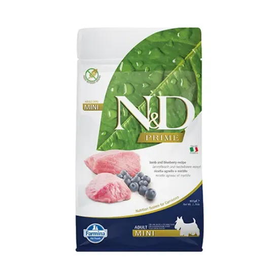 Снимка на Farmina N&D Prime Adult Mini Lamb & Blueberry - храна за кучета в зряла възраст от дребни породи с агнешко и боровинки; без зърнени култури 0.800 кг