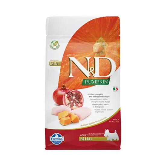 Снимка на Farmina N&D Pumpkin Mini Adult Chicken & Pomegranate - храна за кучета в зряла възраст от дребни породи с пиле, тиква и нар; без зърнени култури 0.800 кг