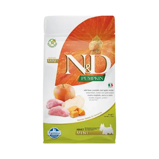 Снимка на Farmina N&D Pumpkun Mini Adult Boar & Apple - храна за кучета в зряла възраст от дребни породи с глиганско, тиква и ябълка; без зърнени култури 0.800 кг