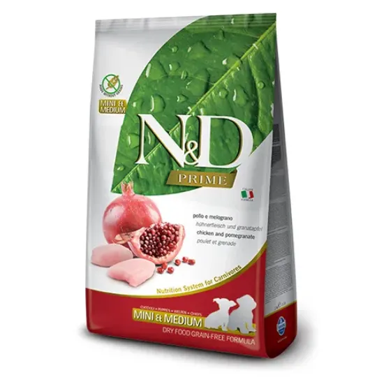 Снимка на Farmina N&D Prime Puppy Mini & Medium Chicken & Pomegranate - храна за подрастващи кучета от дребни и средни породи с пилешко и нар; без зърнени култури 2.500 кг
