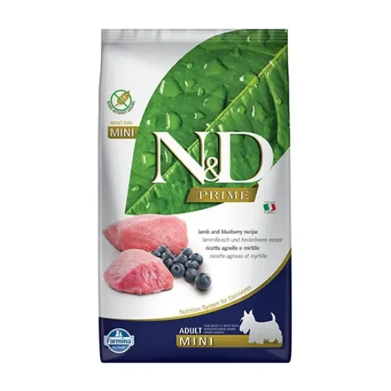 Снимка на Farmina N&D Prime Adult Mini Lamb & Blueberry - храна за кучета в зряла възраст от дребни породи с агнешко и боровинки; без зърнени култури 2.500 кг