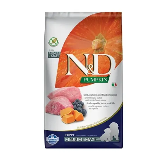 Снимка на Farmina N&D Pumpkin Medium/Maxi Puppy Lamb & Blueberry - храна за подрастващи кученца и бременни или кърмещи кучета от средни и едри породи с агнешко, тиква и боровинки; без зърно 2.500 кг
