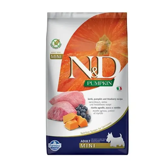 Снимка на Farmina N&D Pumpkin Mini Adult Lamb & Blueberry - храна за кучета в зряла възраст от дребни породи с агнешко, тиква и боровинки; без зърнени култури 2.500 кг