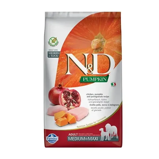Снимка на Farmina N&D Pumpkin Medium/Maxi Adult Chicken & Pomegranate - храна за кучета в зряла възраст от средни и едри породи с пиле, тиква и нар; без зърнени култури 2.500 кг