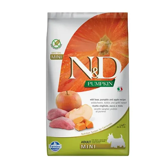 Снимка на Farmina N&D Pumpkin Mini Adult Boar & Apple - храна за кучета в зряла възраст от дребни породи с глиганско, тиква и ябълка; без зърнени култури 2.500 кг