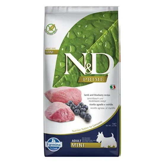 Снимка на Farmina N&D Prime Adult Mini Lamb & Blueberry - храна за кучета в зряла възраст от дребни породи с агнешко и боровинки; без зърнени култури 7.00 кг