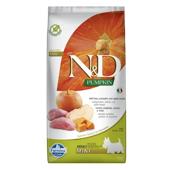 Снимка на Farmina N&D Pumpkin Mini Adult Boar & Apple - храна за кучета в зряла възраст от дребни породи с глиганско, тиква и ябълка; без зърнени култури 7.00 кг