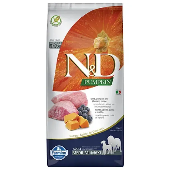 Снимка на Farmina N&D Pumpkin Medium/Maxi Adult Lamb & Blueberry - храна за кучета в зряла възраст от средни и едри породи с агнешко, тиква и боровинки; без зърно 12.00 кг