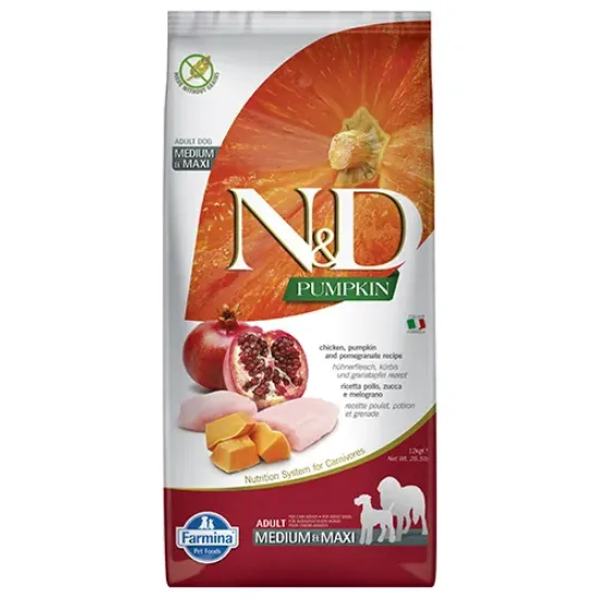 Снимка на Farmina N&D Pumpkin Medium/Maxi Adult Chicken & Pomegranate - храна за кучета в зряла възраст от средни и едри породи с пиле, тиква и нар; без зърнени култури 12.00 кг