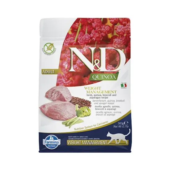 Снимка на Farmina N&D QUINOA Weight Management lamb - храна за котки в зряла възраст за идеално телесно тегло с агнешко и киноа; без зърно 0.300 кг