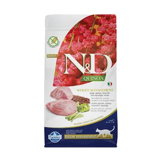 Снимка на Farmina N&D QUINOA Weight Management lamb - храна за котки в зряла възраст за идеално телесно тегло с агнешко и киноа; без зърно 1.500 кг