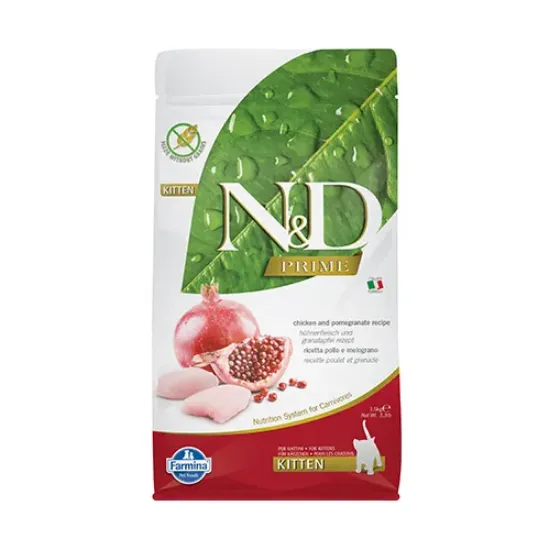 Снимка на Farmina N&D Prime Kitten Chicken & Pomegranate - храна за подрастващи котенца и бременни и кърмещи котки с пилешко месо и нар; без зърно 1.500 кг