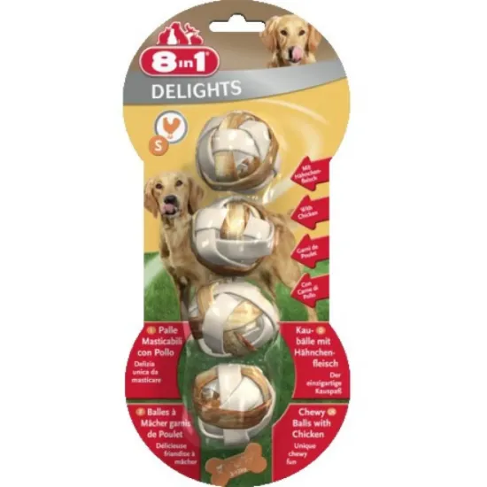 Снимка на 8in1 Delights Balls S - Лакомство за кучета от малки породи,месни топчета с вкус на пиле,2 пакета х 4 броя