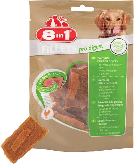 Снимка на 8in1 Fillets pro Digest S - пилешки филенца обогатени със съставки за добро храносмилане за кучета 2 броя х 80 гр.