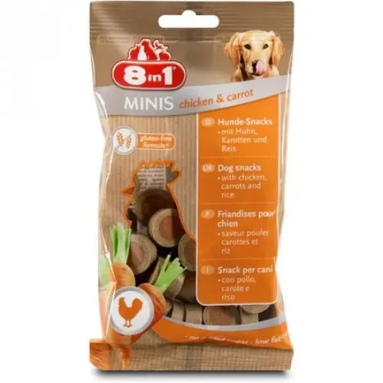 Снимка на 8in1 Minis Chicken and Carrot - деликатесно лакомство с пилешко месо и моркови за кучета 5 броя х 100 гр.