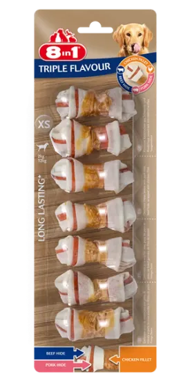 Снимка на 8in1 Triple Flavour XS - кокали блистер MIX - говеждо, пилешко и свинско месо за кучета 2 пакета х 7 броя