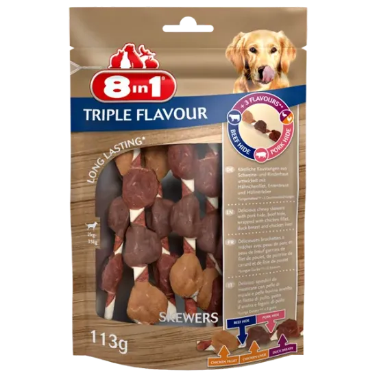 Снимка на 8in1 Triple Flavour - шишчета MIX - свинско, патешко, говеждо, и пилешко месо за кучета, 2 броя х 113 гр.