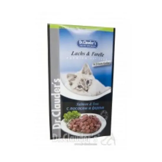 Снимка на Dr.Clauder's Pouches salmon and trout- Храна за котки в пауч със сьомга и пъстърва за котки, 8 броя х 100 гр.