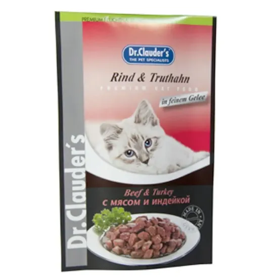 Снимка на Dr.Clauder's Premium Pouches- Пауч от говеждо,пуика,желе за котки, 8 броя х 100 гр.