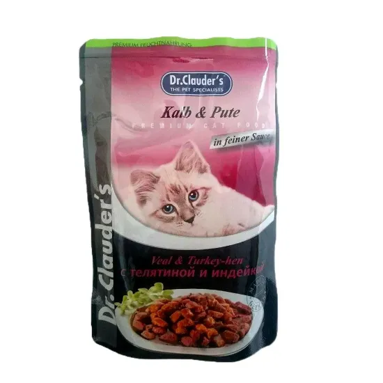 Снимка на Dr.Clauder's Premium Pouches- телешко,пуика и сос за котки, 8 броя х 100 гр.