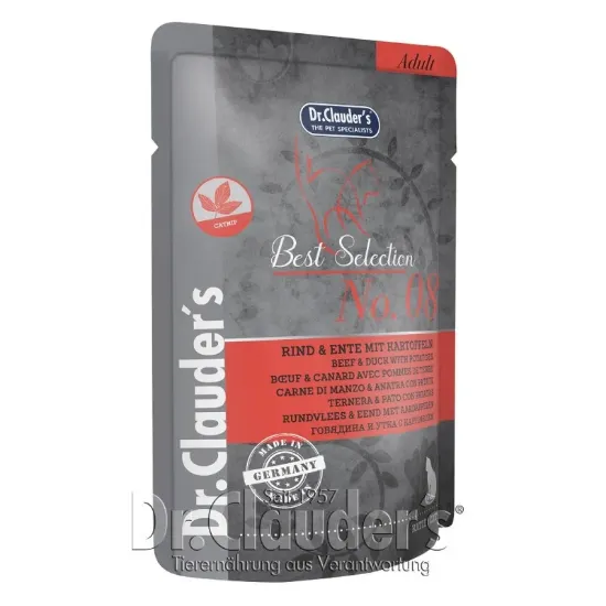 Снимка на Dr.Clauder's Best Selection Adult Beef&Duck With Potatoes-Храна за възрастни котки с говеждо,патица и картофи, 4 броя х 85 гр.