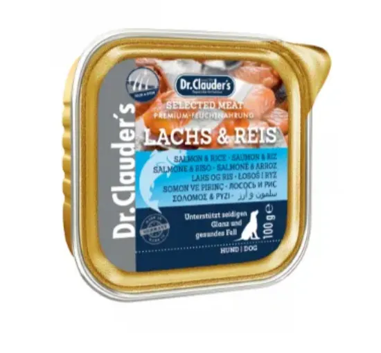 Снимка на Dr. Clauder's Selected Meat Pro Hair Skin Salmon Rice - консервирана храна със сьомга и ориз за кученца с проблемна кожа и козина, 6 броя х 100 гр.