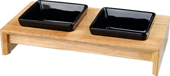 Снимка на Trixie Bowl Set - две керамични купички с дървена стойка 2 х 200 мл. за кучета / 28 / 5 / 15 см.