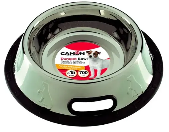 Снимка на Camon Stainless steel bowl - неплъзгаща метална купичка с кант за вода и храна за кучета 700 мл.