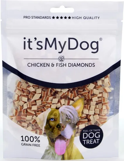 Снимка на It's My Dog Chicken & Fish Diamands Grain Free - Кучешко лакомство пиле и риба диамант, без зърно, 2 броя х 85 гр.