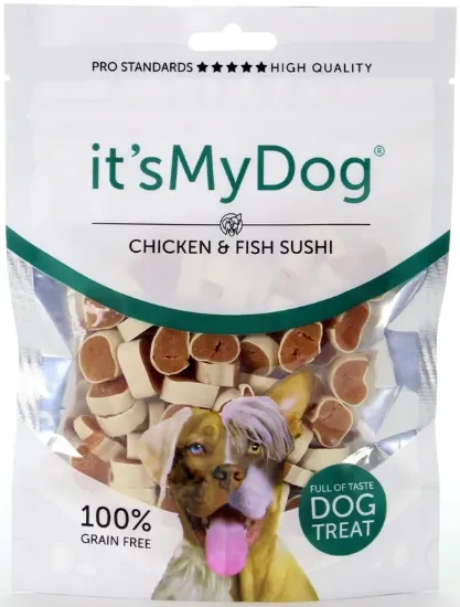Снимка на It's My Dog Suchi Chicken & Fish Grain Free -Кучешко лакомство суши пиле и риба , без зърно, 2 броя х 85 гр.