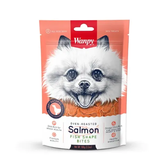 Снимка на Wanpy Salmon Fish Shape Bites -Кучешко лакомство премиум клас хапки от сьомга с формата на рибки, печени на фурна, 2 броя х 100 гр.