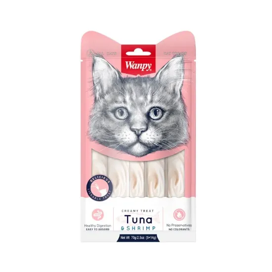 Снимка на Wanpy Creamy Tuna & Shrimps 5 x 14гр - премиум клас кремообразно лакомство за котки с риба тон и скариди, 3 пакета х 5 порции (15 х 14 гр.)