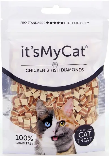 Снимка на It's My Cat Chicken & Fish Diamands Grain Free - Котешко лакомство пиле и риба диамант , без зърно, 4 броя х 50 гр.