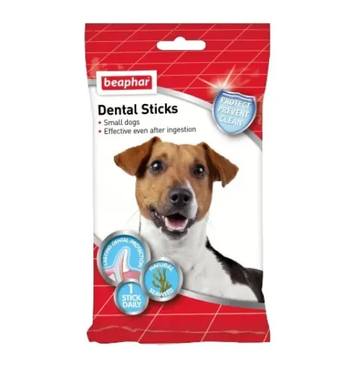 Снимка на Beaphar Dental Sticks Small -Лакомство за кучета, дентални пръчки за свеж дъх и чисти зъби със спирулина и зелен чай , 2 пакета х 7 броя