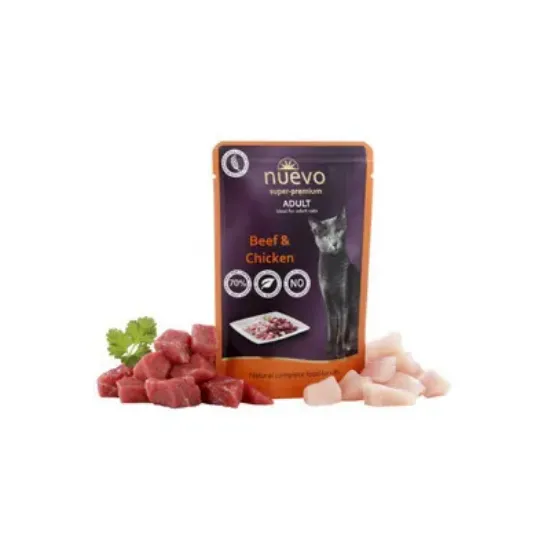 Снимка на Nuevo Cat Beef & Chicken - Пауч с пилешко и говеждо месо за израснали котки - 5 броя х 85 гр.
