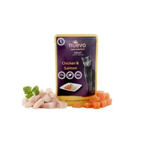 Снимка на Nuevo Cat Chicken & Salmon - Пауч с пилешко месо и сьомга за израснали котки - 5 броя х 85 гр.