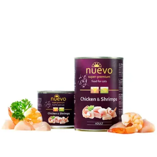 Снимка на Nuevo Cat Chicken and Shrimps-Консервирана храна за израснали котки с пилешко месо и скариди, 5 броя х 200 гр.