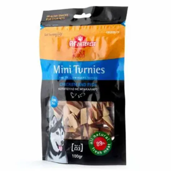 Снимка на Pet Interest Mini Turnies Chicken and Fish - Лакомство мини лентички с пиле и риба за израснали кучета, 2 броя х 100 гр.