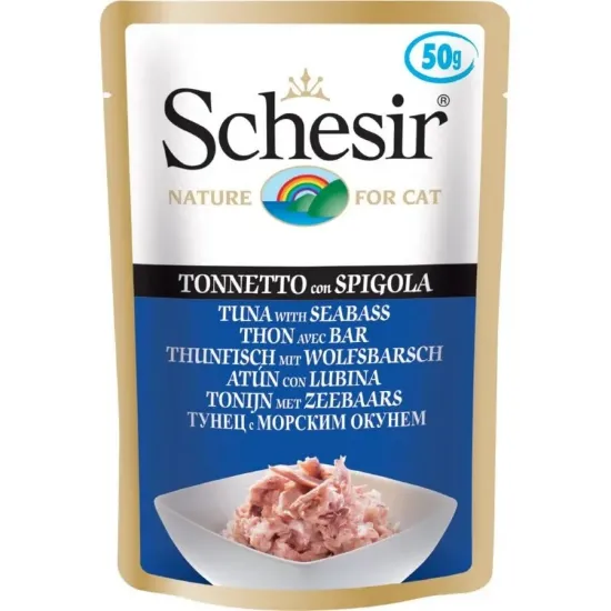 Снимка на Schesir Pouch Tuna&Sea Bass In Jelly -Храна,пауч за израснали котки с риба тон и лаврак в желе - 6 броя х 50 гр.
