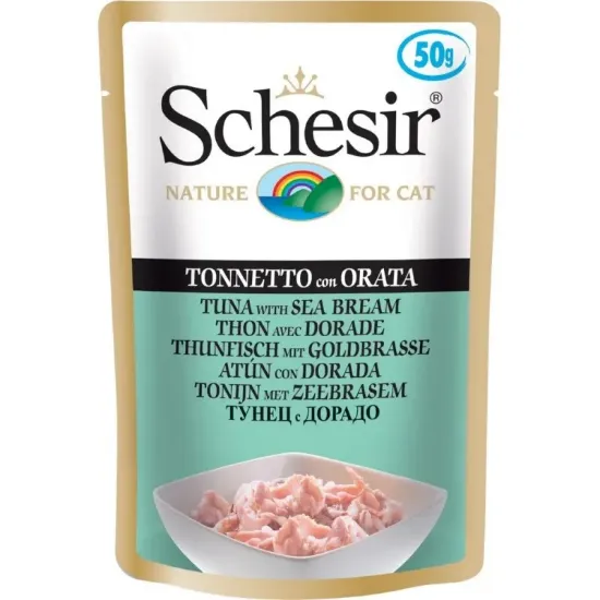 Снимка на Schesir Pouch Tuna&Sea Bream In Jelly - Пауч за израснали котки с риба тон и ципура в желе, 6 броя х 50 гр.